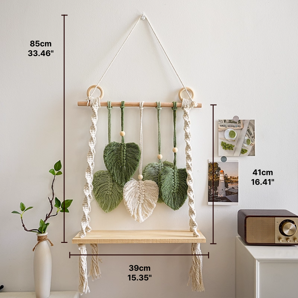 Boho Macrame Leaf Wall Shelf Handwoven Hanging Organizer, Nordic Tapestry Decor with Wood Board
