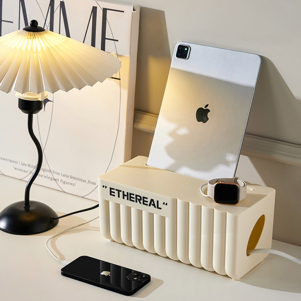 Ethereal Cream Cable Storage Box Modern Cord Organizer with Lid for Desk or Charging Station