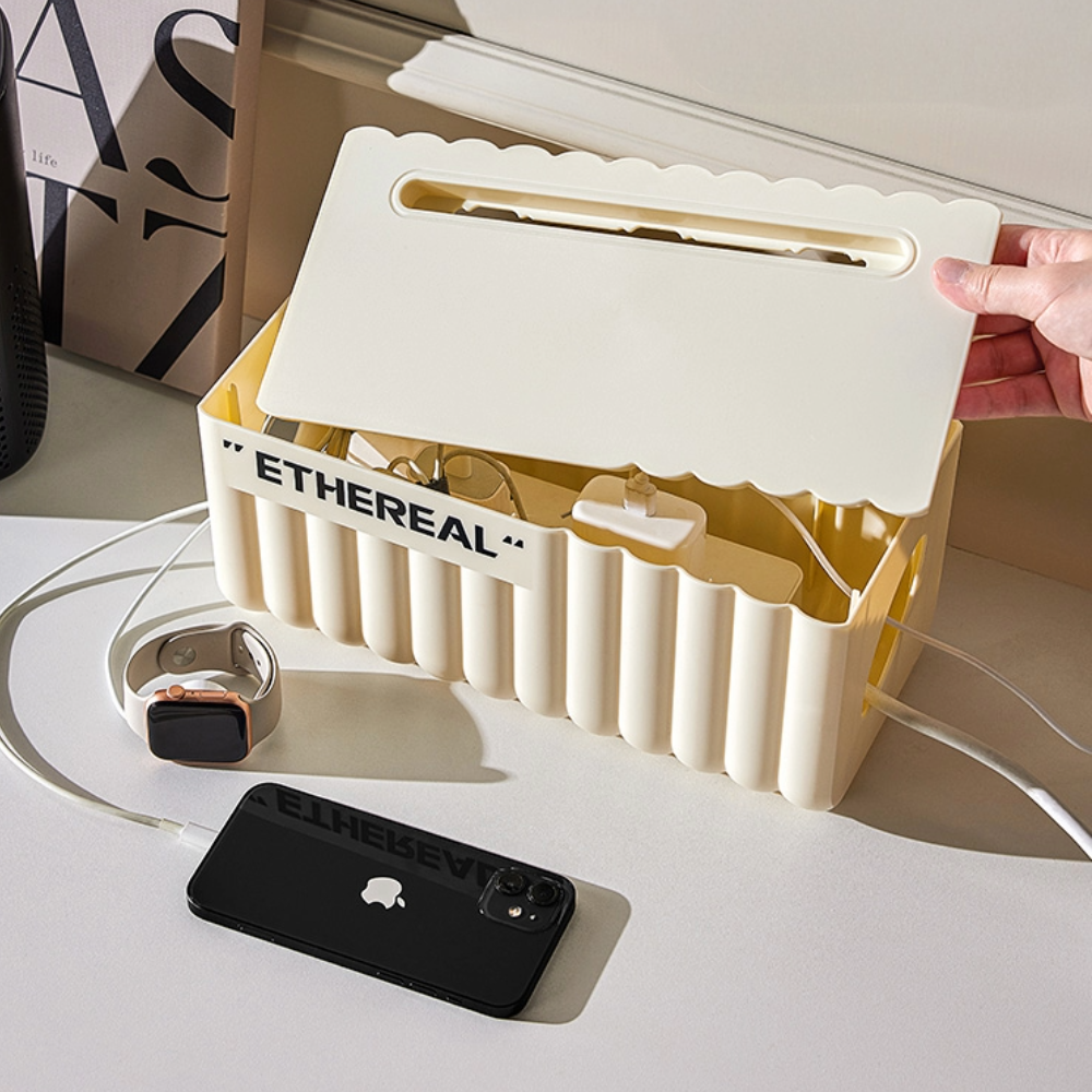 Ethereal Cream Cable Storage Box Modern Cord Organizer with Lid for Desk or Charging Station