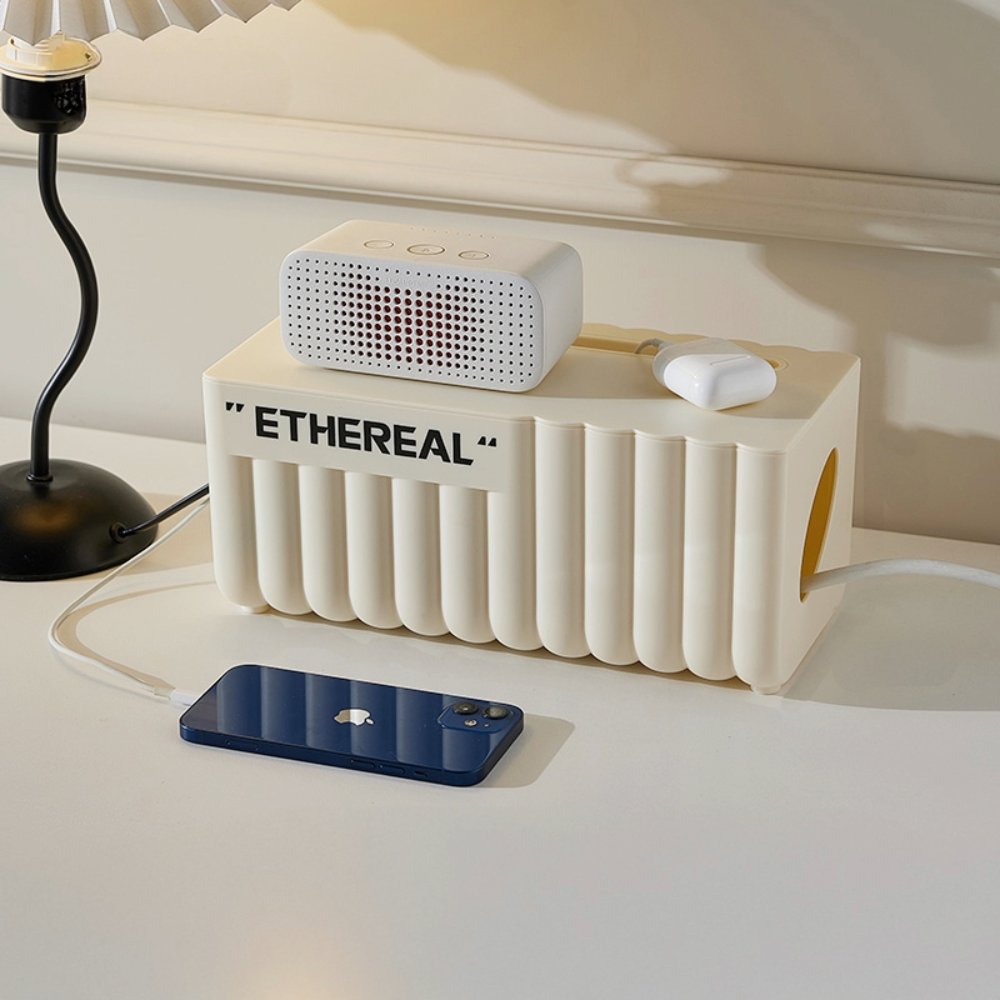 Ethereal Cream Cable Storage Box Modern Cord Organizer with Lid for Desk or Charging Station