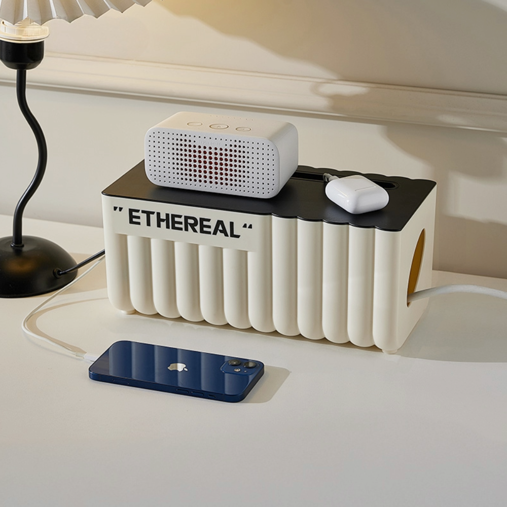 Ethereal Cream Cable Storage Box Modern Cord Organizer with Lid for Desk or Charging Station