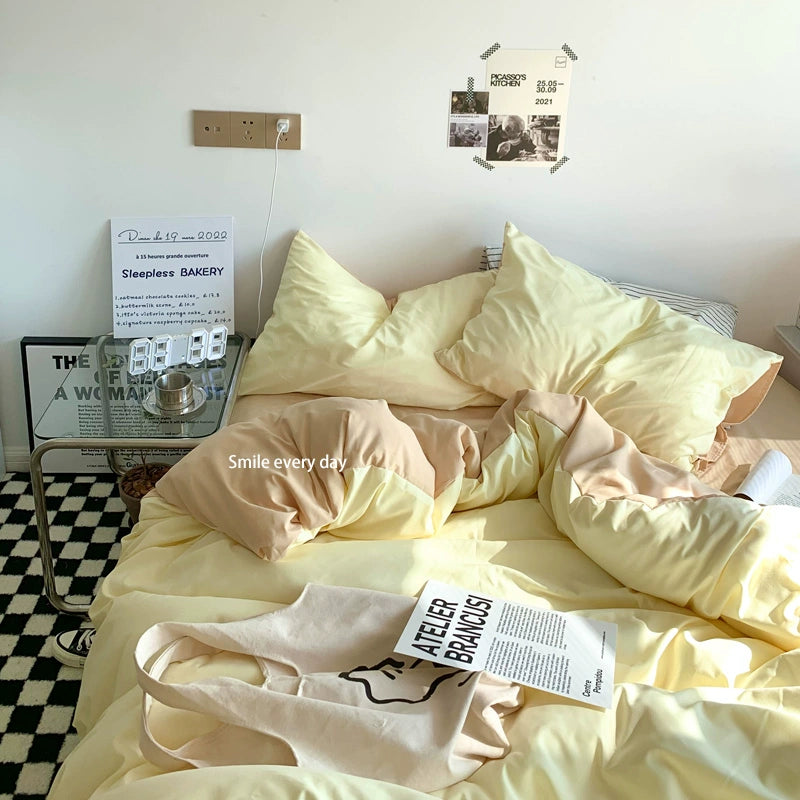 Solid-Color Bedding Set Duvet Cover & Sheet (4Pieces), Breathable & Fade-Resistant for Dorms and Home