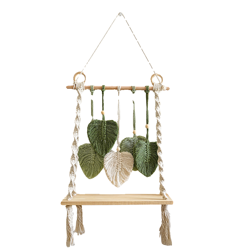 Boho Macrame Leaf Wall Shelf Handwoven Hanging Organizer, Nordic Tapestry Decor with Wood Board