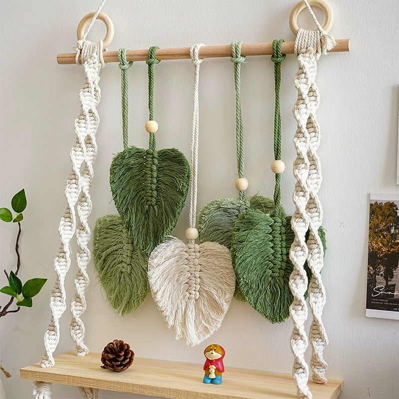 Boho Macrame Leaf Wall Shelf Handwoven Hanging Organizer, Nordic Tapestry Decor with Wood Board