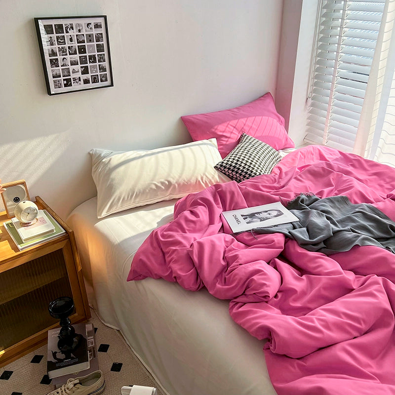 Solid-Color Bedding Set Duvet Cover & Sheet (4Pieces), Breathable & Fade-Resistant for Dorms and Home