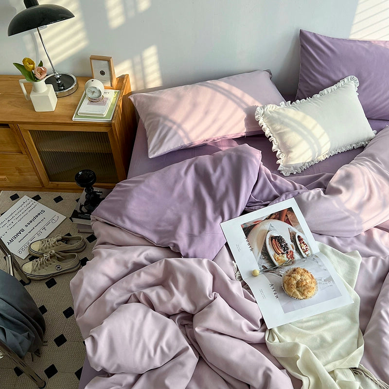 Solid-Color Bedding Set Duvet Cover & Sheet (4Pieces), Breathable & Fade-Resistant for Dorms and Home