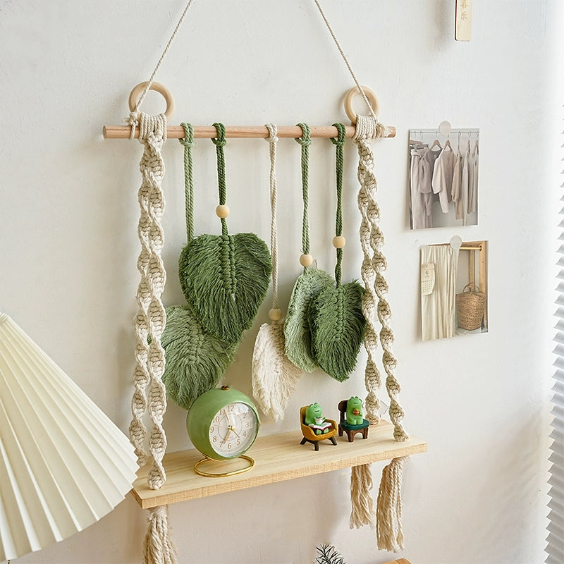 Boho Macrame Leaf Wall Shelf Handwoven Hanging Organizer, Nordic Tapestry Decor with Wood Board