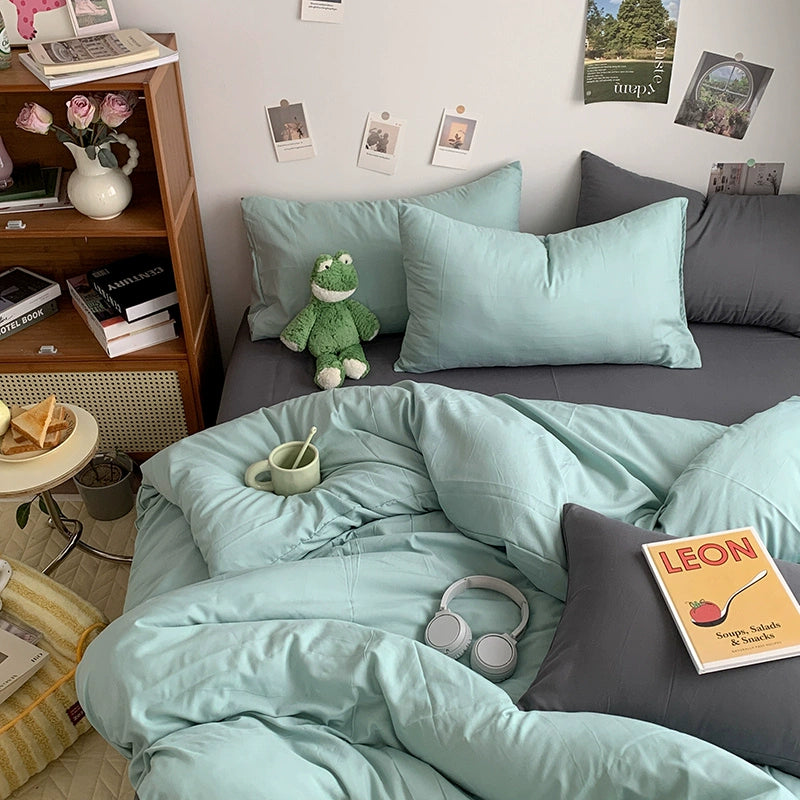 Solid-Color Bedding Set Duvet Cover & Sheet (4Pieces), Breathable & Fade-Resistant for Dorms and Home