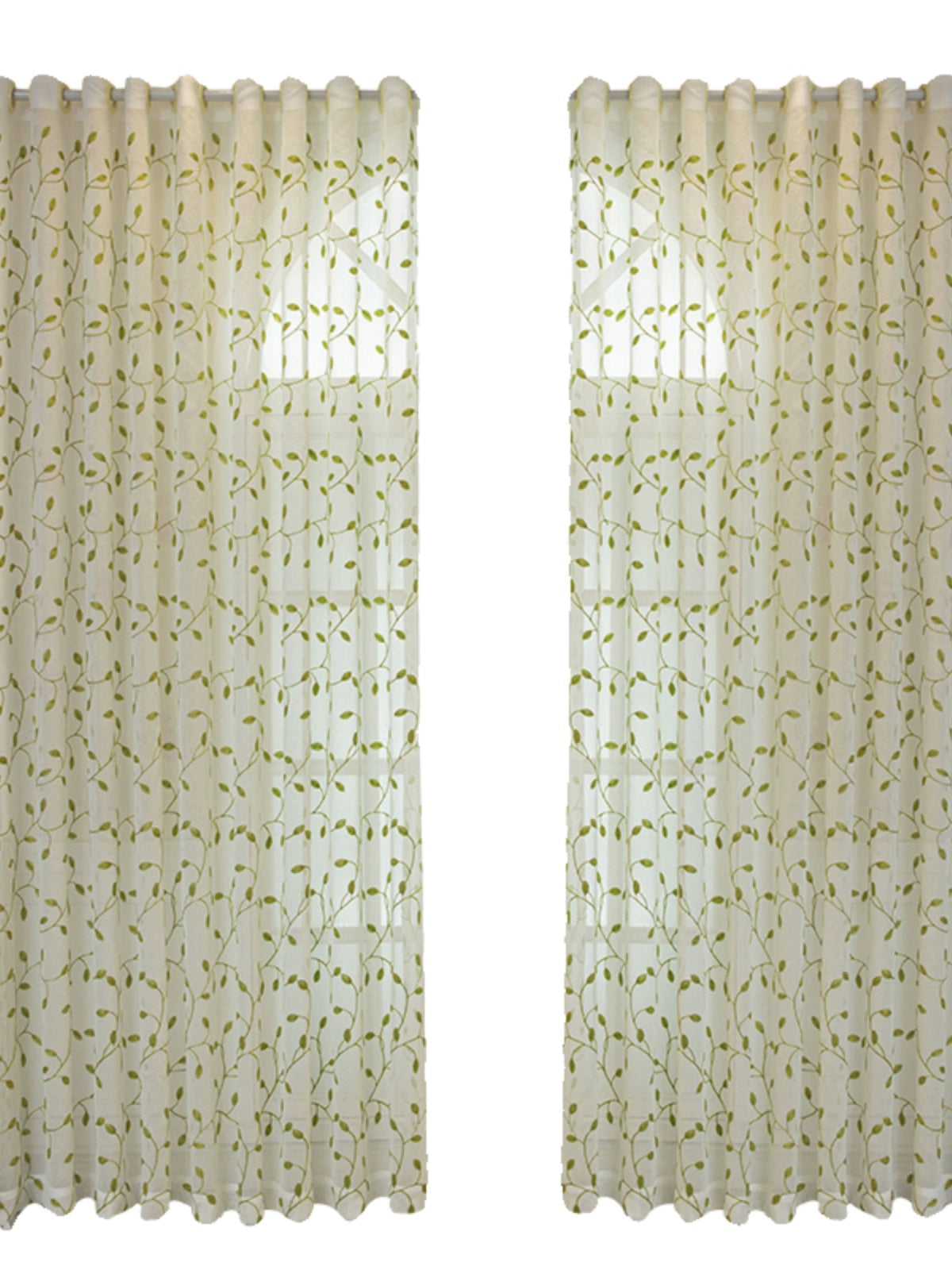 Pastoral Green Leaf Embroidered Curtains Semi-Blackout, Mosquito-Proof Sheer Drapes for Living Room & Balcony