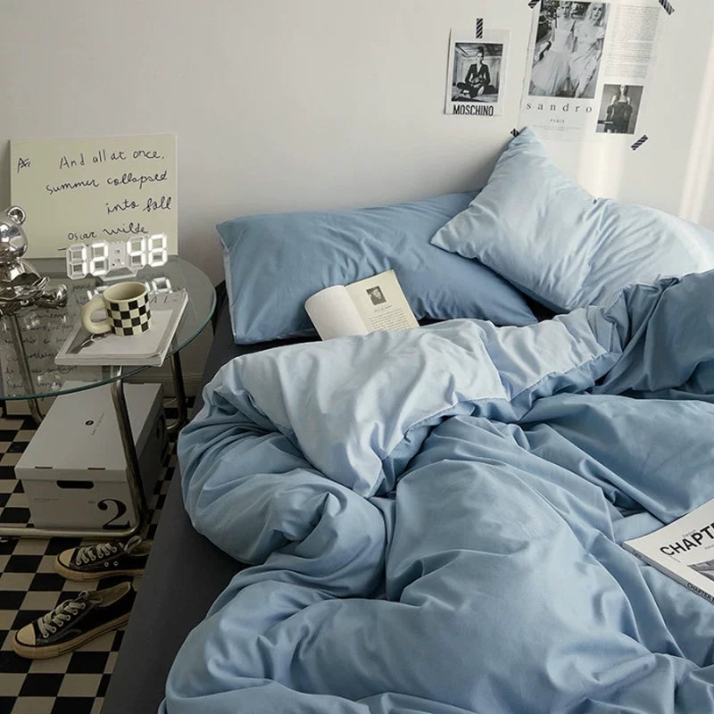 Solid-Color Bedding Set Duvet Cover & Sheet (4Pieces), Breathable & Fade-Resistant for Dorms and Home