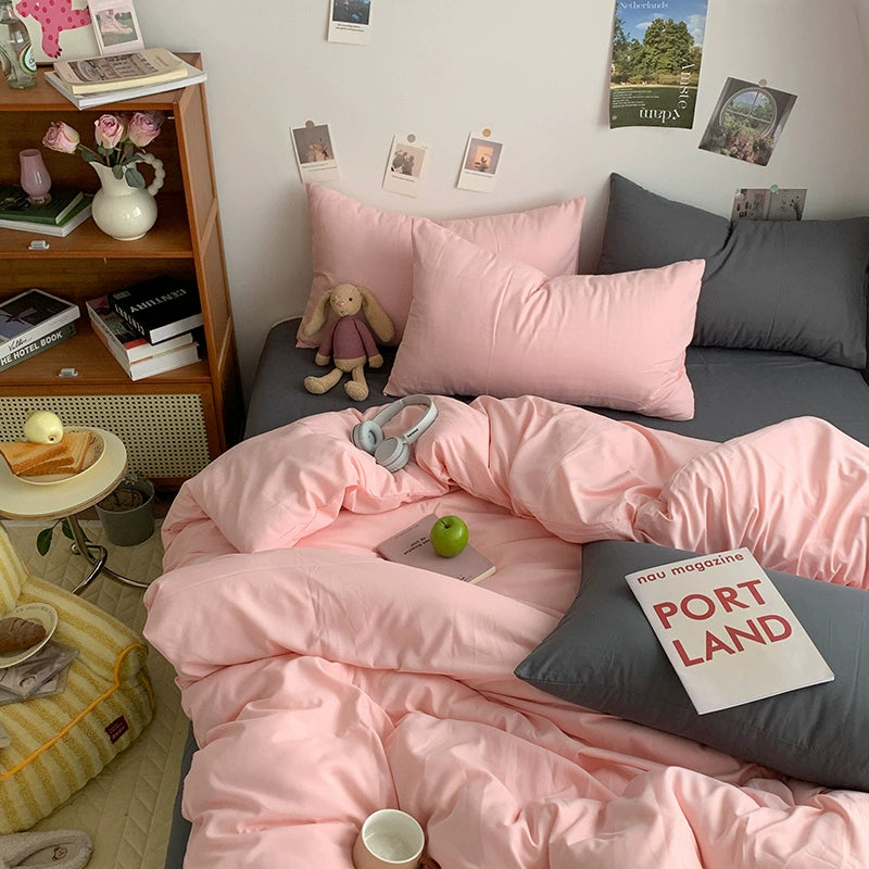 Solid-Color Bedding Set Duvet Cover & Sheet (4Pieces), Breathable & Fade-Resistant for Dorms and Home