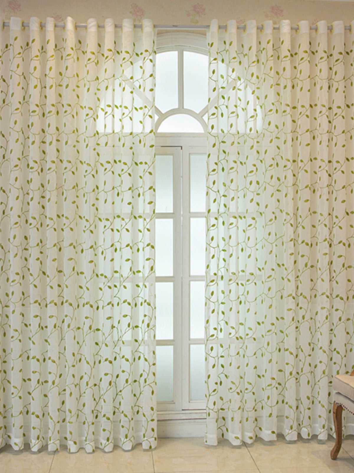 Pastoral Green Leaf Embroidered Curtains Semi-Blackout, Mosquito-Proof Sheer Drapes for Living Room & Balcony