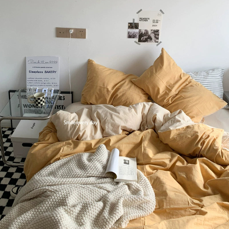 Solid-Color Bedding Set Duvet Cover & Sheet (4Pieces), Breathable & Fade-Resistant for Dorms and Home