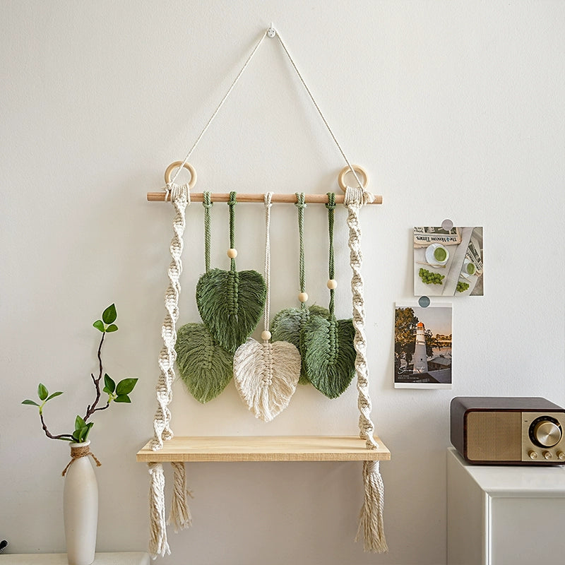 Boho Macrame Leaf Wall Shelf Handwoven Hanging Organizer, Nordic Tapestry Decor with Wood Board