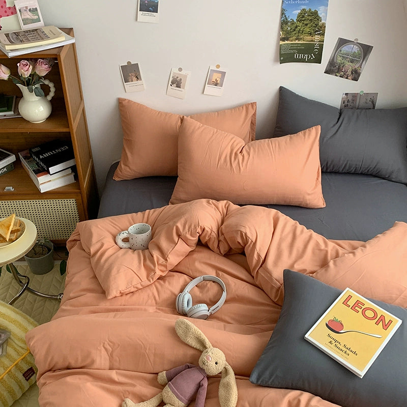 Solid-Color Bedding Set Duvet Cover & Sheet (4Pieces), Breathable & Fade-Resistant for Dorms and Home