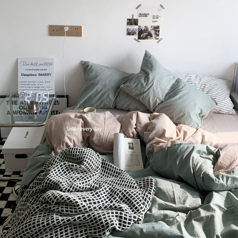 Solid-Color Bedding Set Duvet Cover & Sheet (4Pieces), Breathable & Fade-Resistant for Dorms and Home