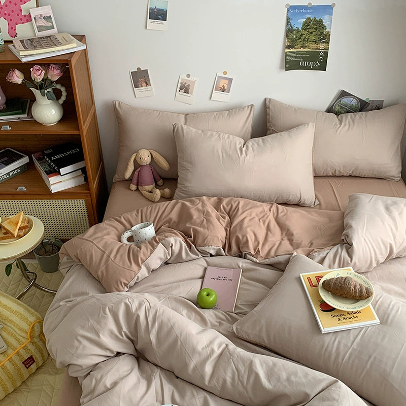 Solid-Color Bedding Set Duvet Cover & Sheet (4Pieces), Breathable & Fade-Resistant for Dorms and Home