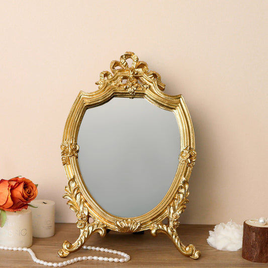 Vintage Gold Mirror with Stand - Kawaii European Style Carved Resin Desktop Makeup Mirror - Aesthetic Retro Vanity Mirror for Gaming Desk Dorm Room - Cute Princess Decor for Gamer Girls