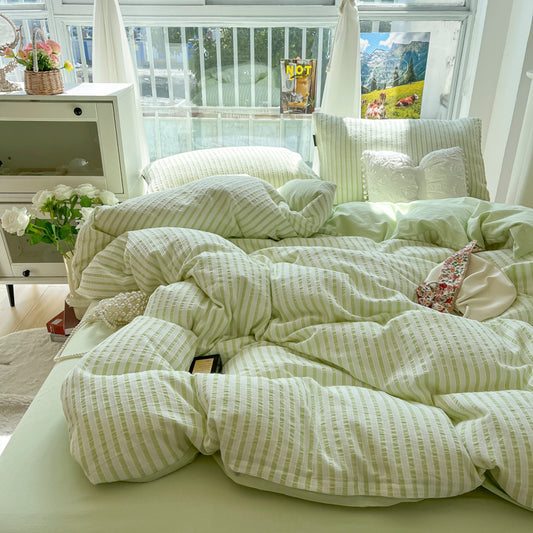 Kawaii Seersucker Duvet Cover Set - Cottage Core Striped Bedding 3-4 Piece - Soft Washed Cotton Quilt Cover for Gaming Room - Aesthetic Green Gingham Comforter Set for Gamer Girls