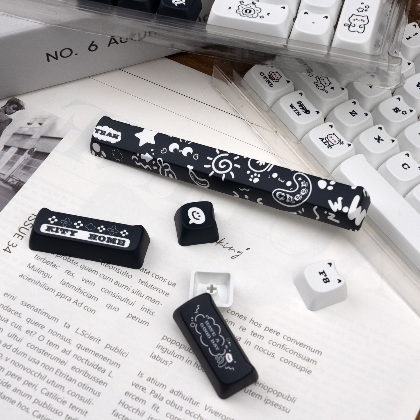 White striped cat keycap set 143 keys for mechanical keyboard