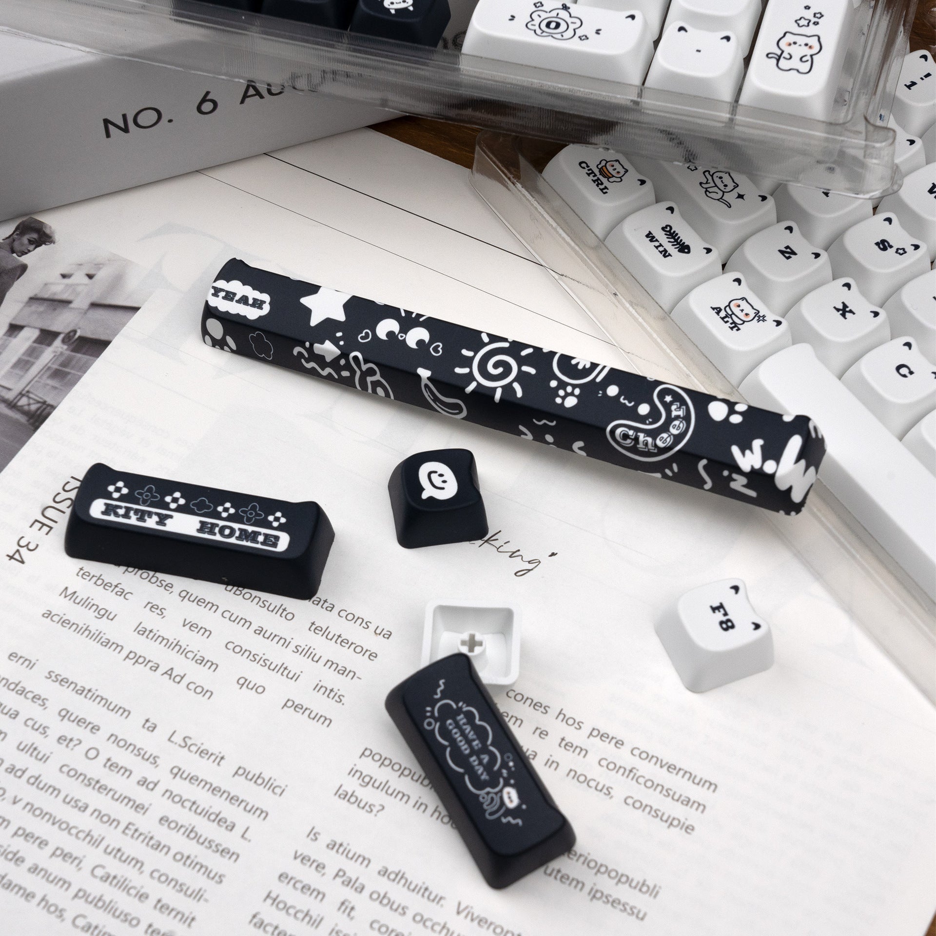 White striped cat keycap set 143 keys for mechanical keyboard