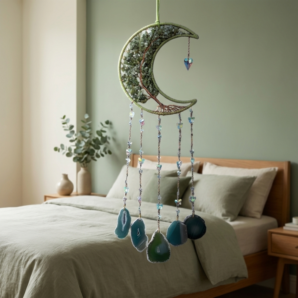 Crystal Moon Dreamcatcher Wind Chime - Kawaii Crescent Sun Catcher with Natural Stone Agate - Boho Wall Hanging for Gaming Room Bedroom - Aesthetic Window Decor for Gamer Girls