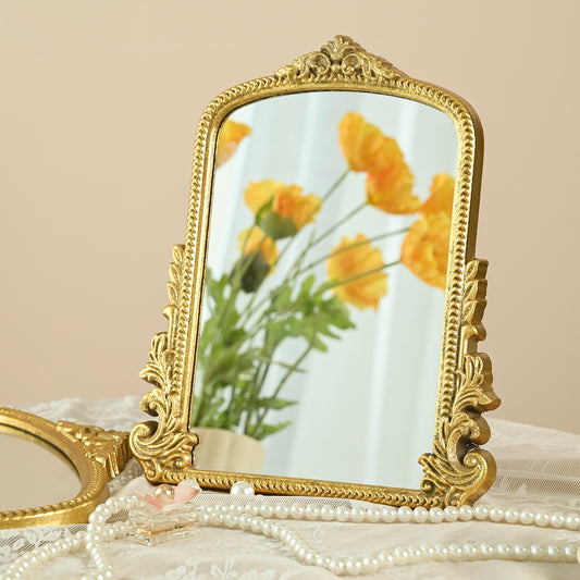 Vintage Gold Mirror with Stand - Kawaii European Style Carved Resin Desktop Makeup Mirror - Aesthetic Retro Vanity Mirror for Gaming Desk Dorm Room - Cute Princess Decor for Gamer Girls