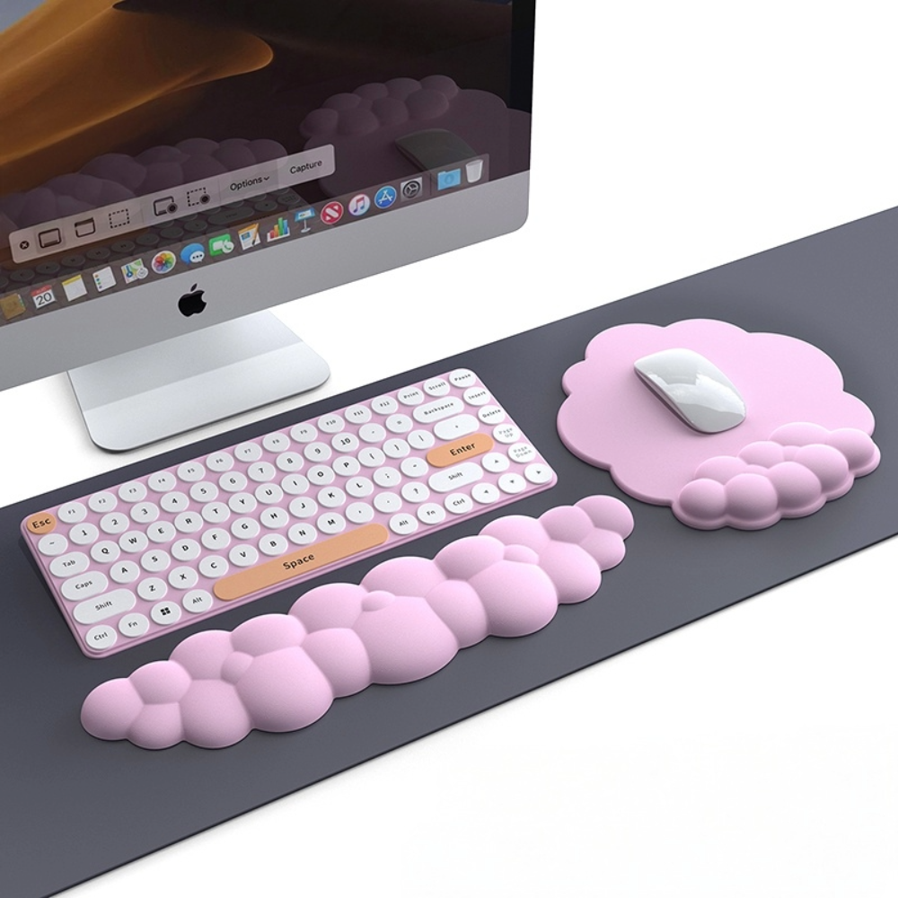 Cloud Keyboard Wrist Rest Set - Soft PU Leather Ergonomic Hand Support Pad with Mouse Pad - Cute Office Desk Accessories