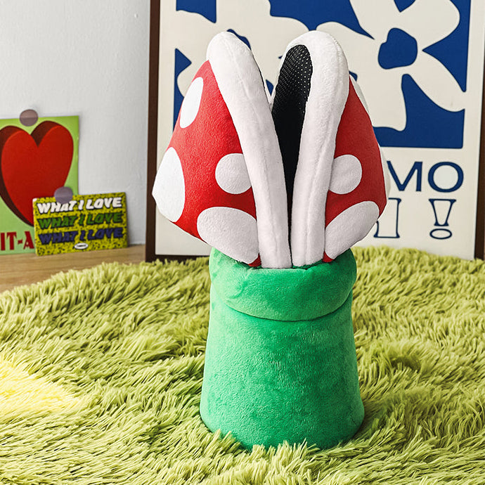 Kawaii Mario Mushroom Slippers with Pipe Holder Set - Cute Red Spotted Plush House Shoes - Cozy Warp Pipe Storage Stand for Gaming Room - Aesthetic Bedroom Slippers for Gamer Girls