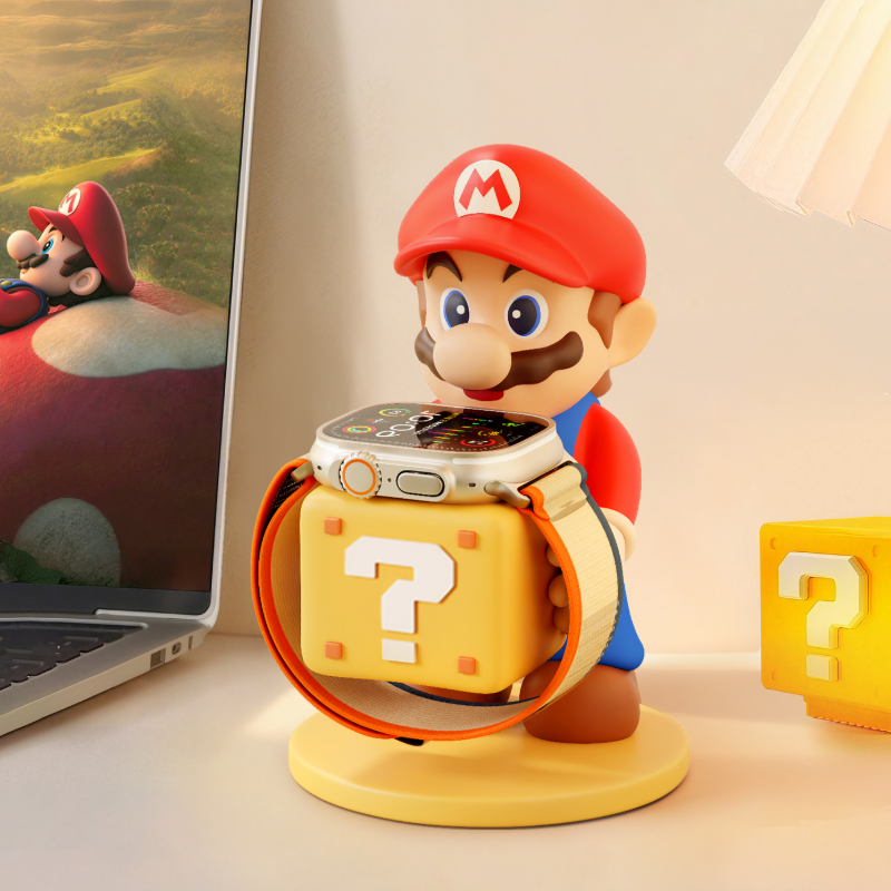 Kawaii Mario Watch Charging Stand - Cute Gaming Character Smartwatch Holder for Apple Watch Desk Organizer - Aesthetic Question Block Display Stand for Gamer Girls