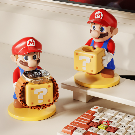 Kawaii Mario Watch Charging Stand - Cute Gaming Character Smartwatch Holder for Apple Watch Desk Organizer - Aesthetic Question Block Display Stand for Gamer Girls