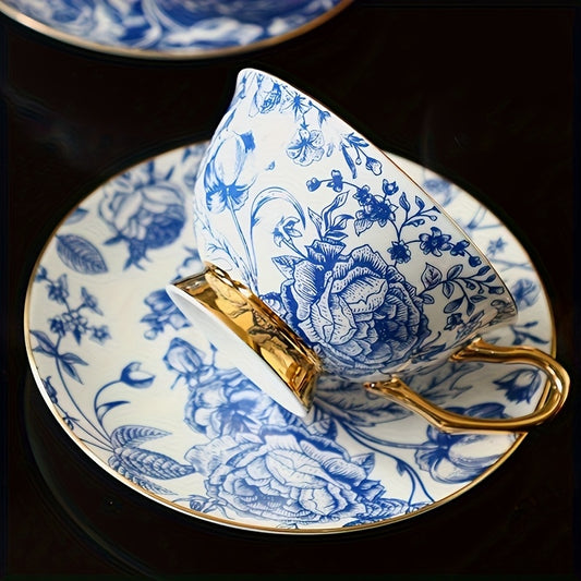 Kawaii Blue White Floral Tea Cup Set - Cute Vintage Porcelain Coffee Cup with Gold Trim - Aesthetic French Style Afternoon Tea Set with Saucer - High-End Chinoiserie Teacup for Gamer Girls