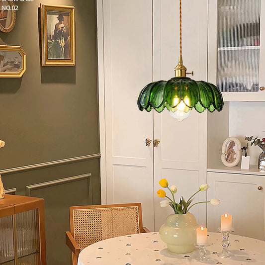 Vintage Green Glass Pendant Light - Retro Brass Hanging Lamp for Gaming Room Desk - Aesthetic Cottage Core Ceiling Light Fixture - Kawaii Floral Glass Shade for Gamer Girls Bedroom