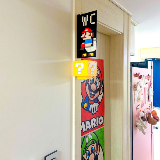 Kawaii Mario Modular Door Sign - Cute DIY Building Block Style WC Bathroom Sign with LED Light - Aesthetic Stackable Room Number Plate Decoration - Customizable Gaming Door Decor for Gamer Girls