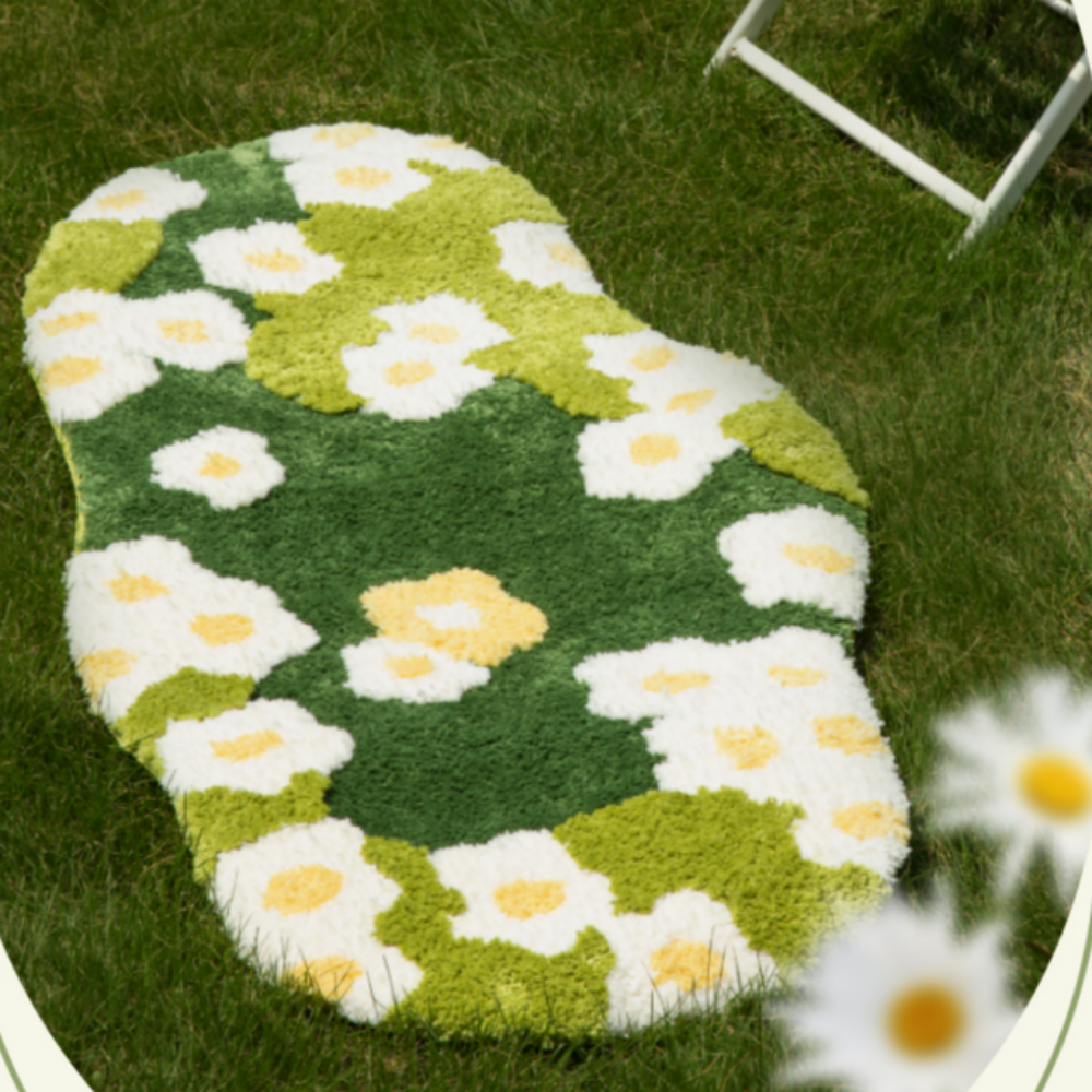 Moss Green Floral Plush Rug  Cozy Round/Freeform Carpet for Living Room, Bedroom & Balcony