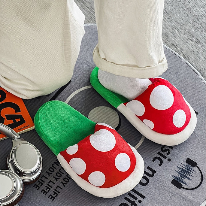 Kawaii Mario Mushroom Slippers with Pipe Holder Set - Cute Red Spotted Plush House Shoes - Cozy Warp Pipe Storage Stand for Gaming Room - Aesthetic Bedroom Slippers for Gamer Girls