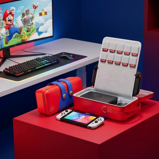 Kawaii Mario Overalls Switch Storage Bag - Cute Large Capacity Carrying Case for Nintendo Switch OLED Console Accessories - Aesthetic Travel Organizer with Game Card Slots Pro Controller Holder - Red Blue Gaming Bag for Gamer Girls