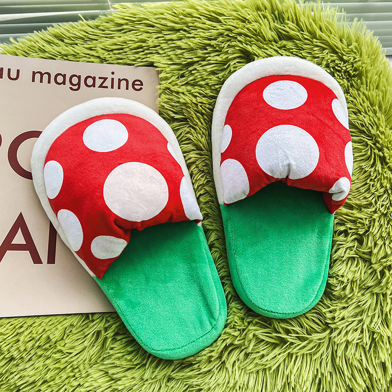 Kawaii Mario Mushroom Slippers with Pipe Holder Set - Cute Red Spotted Plush House Shoes - Cozy Warp Pipe Storage Stand for Gaming Room - Aesthetic Bedroom Slippers for Gamer Girls