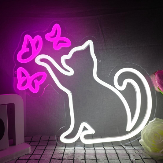 Cute Animal Neon Sign Wall Light  Cat with Butterflies, Turtle With Headphones, Pumpkin | LED Room Decor for Bedroom, Gaming Setup, Bar & Kids Room