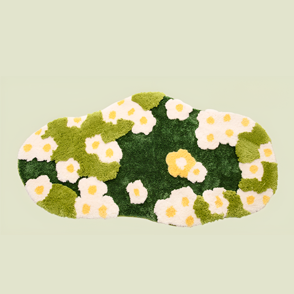 Moss Green Floral Plush Rug  Cozy Round/Freeform Carpet for Living Room, Bedroom & Balcony