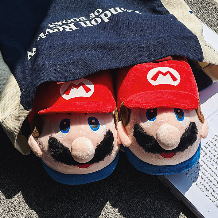Kawaii Mario Face Slippers - Cute Character Plush House Shoes Red or Green - Cozy Winter Cotton Slippers for Gaming Room - Aesthetic Couple Bedroom Slippers for Gamer Girls