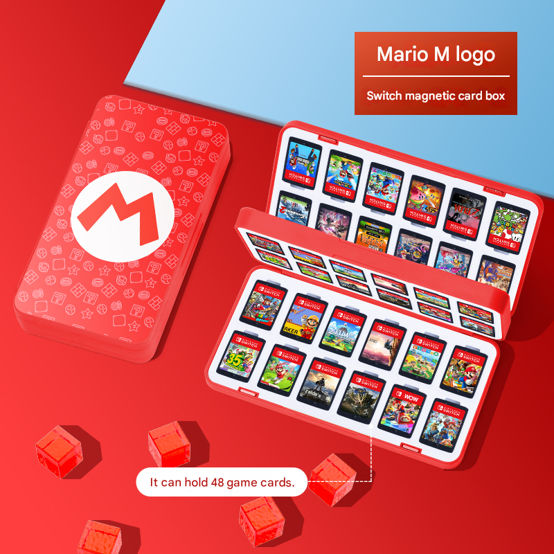 Kawaii Mario Switch Game Card Case - Cute Magnetic Storage Holder for Nintendo Switch Cartridges - Aesthetic Portable Organizer 12/24/48 Slots - Question Block Mushroom M Logo Design for Gamer Girls