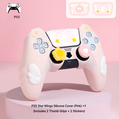 Kawaii Star Wings Silicone Controller Cover for PS5 Xbox Switch Pro - Cute Pastel Gaming Accessories with Thumb Grips & Stickers