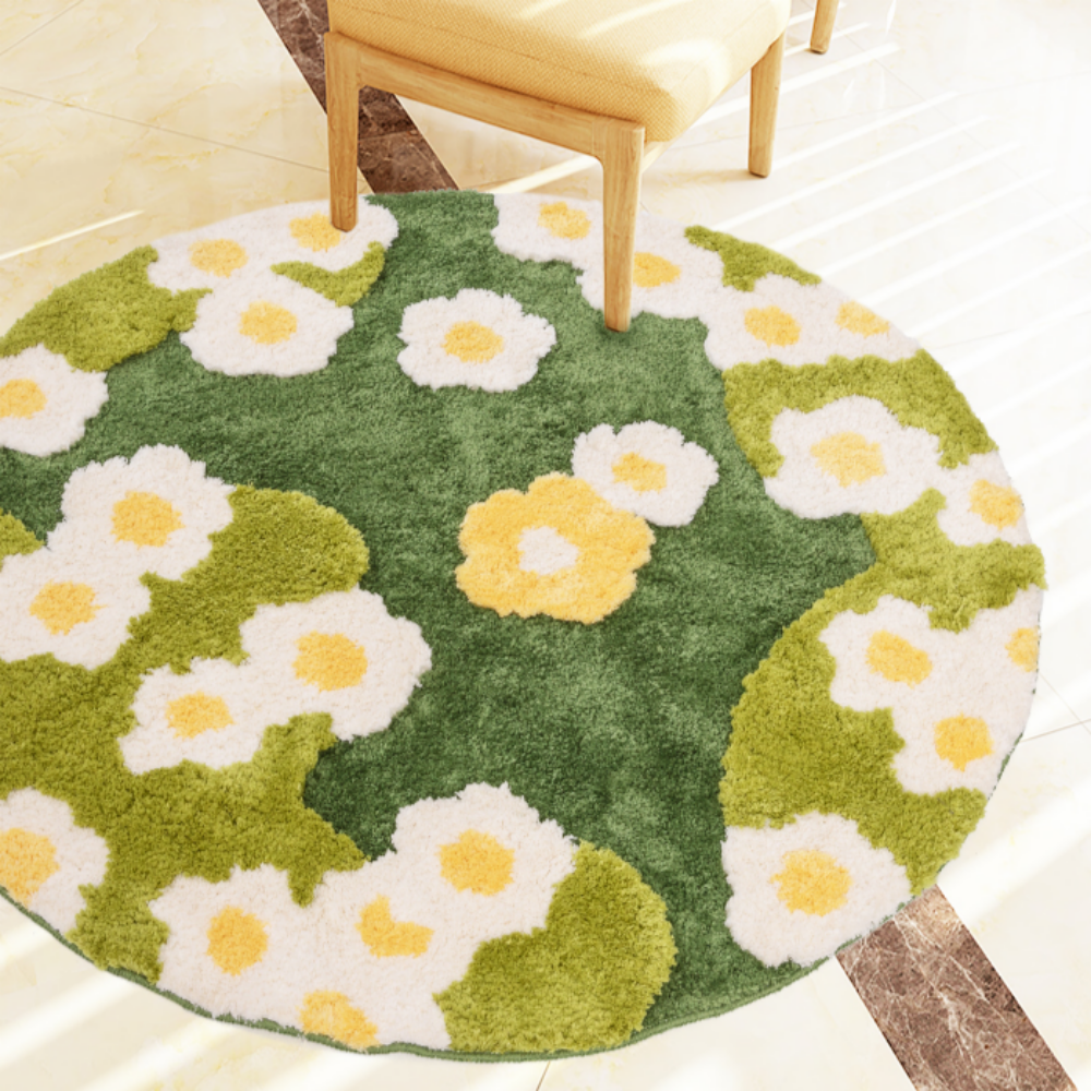Moss Green Floral Plush Rug  Cozy Round/Freeform Carpet for Living Room, Bedroom & Balcony