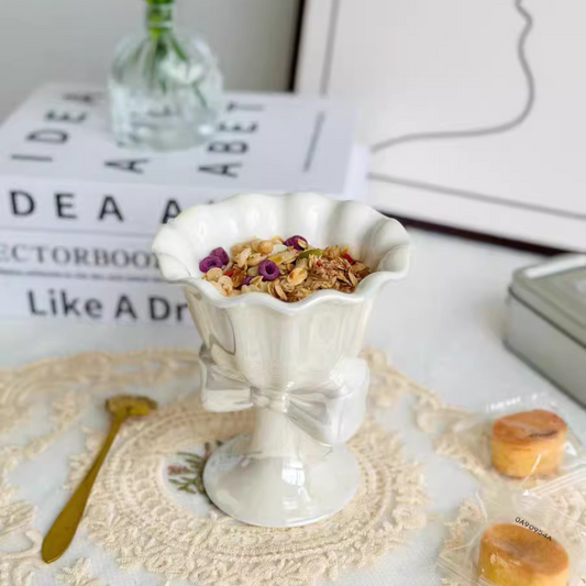 Vintage Bow Dessert Cup - Glass Pedestal Ice Cream Bowl - Elegant Ceramic Sundae Cup with Ribbon Stand