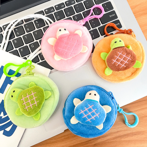 Kawaii Turtle Plush Coin Purse with Clip  Round Zipper Wallet & Bag Charm