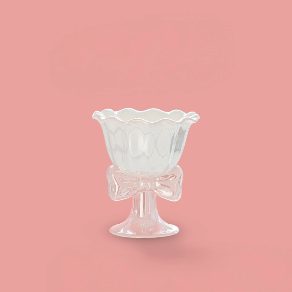 Vintage Bow Dessert Cup - Glass Pedestal Ice Cream Bowl - Elegant Ceramic Sundae Cup with Ribbon Stand