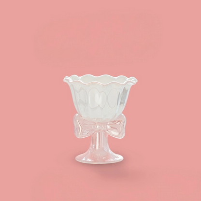 Vintage Bow Dessert Cup - Glass Pedestal Ice Cream Bowl - Elegant Ceramic Sundae Cup with Ribbon Stand