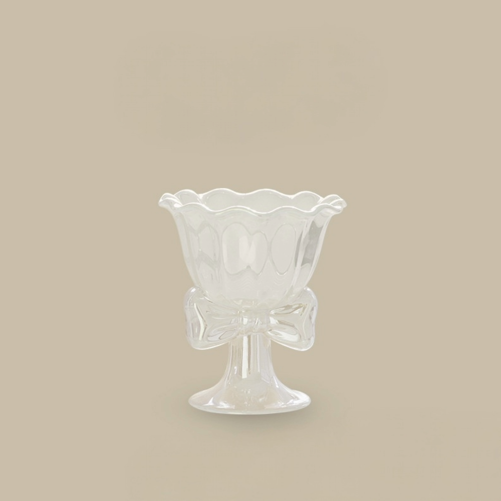 Vintage Bow Dessert Cup - Glass Pedestal Ice Cream Bowl - Elegant Ceramic Sundae Cup with Ribbon Stand
