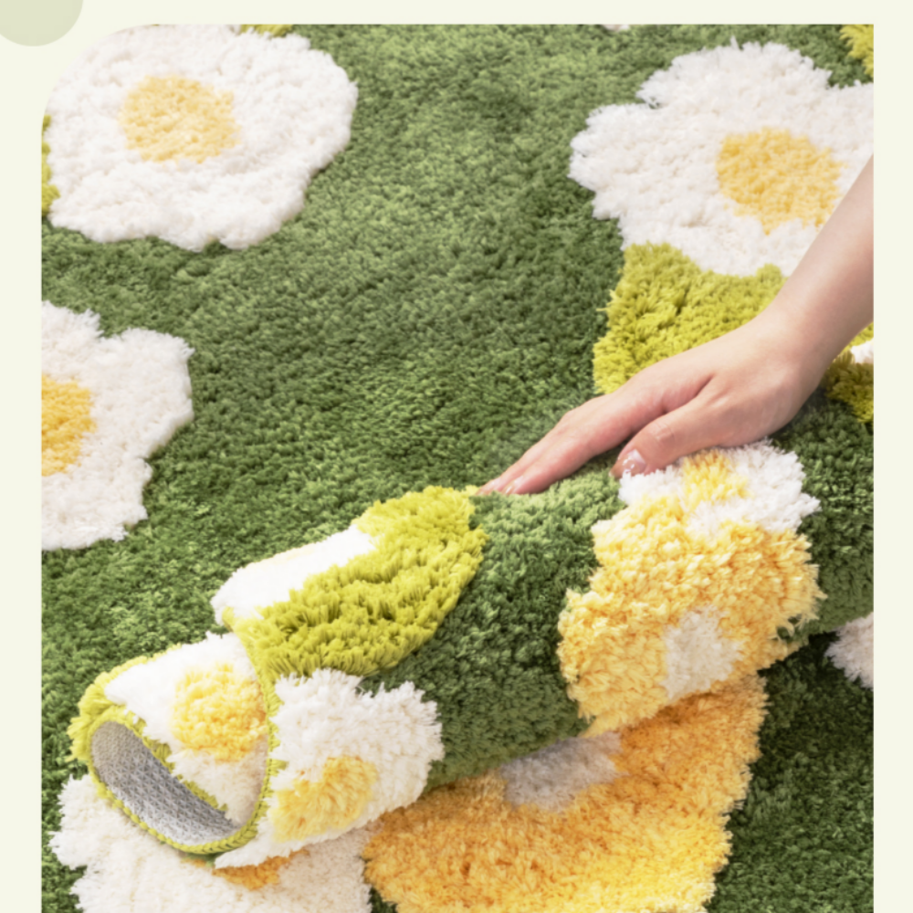 Moss Green Floral Plush Rug  Cozy Round/Freeform Carpet for Living Room, Bedroom & Balcony